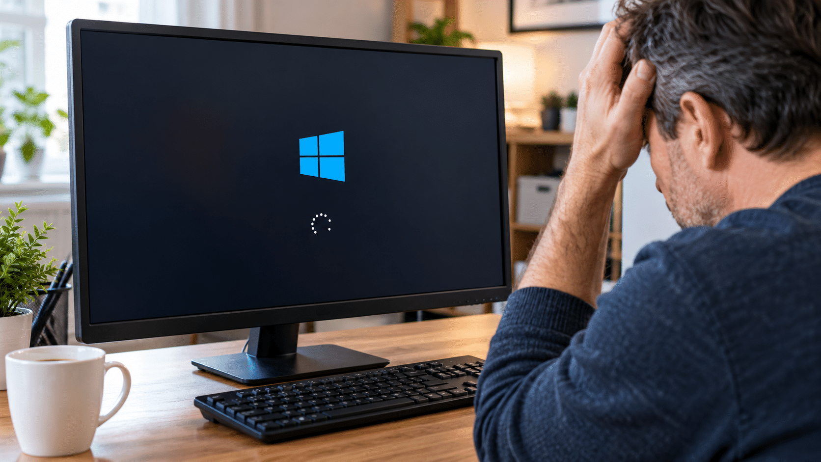 Windows startet nicht mehr – Nutzer wartet vor einem Computer mit Windows-Startbildschirm
